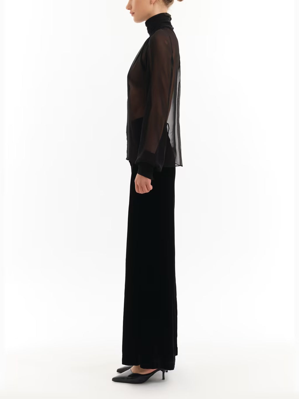 Sheer High-Neck Long Sleeve Blouse