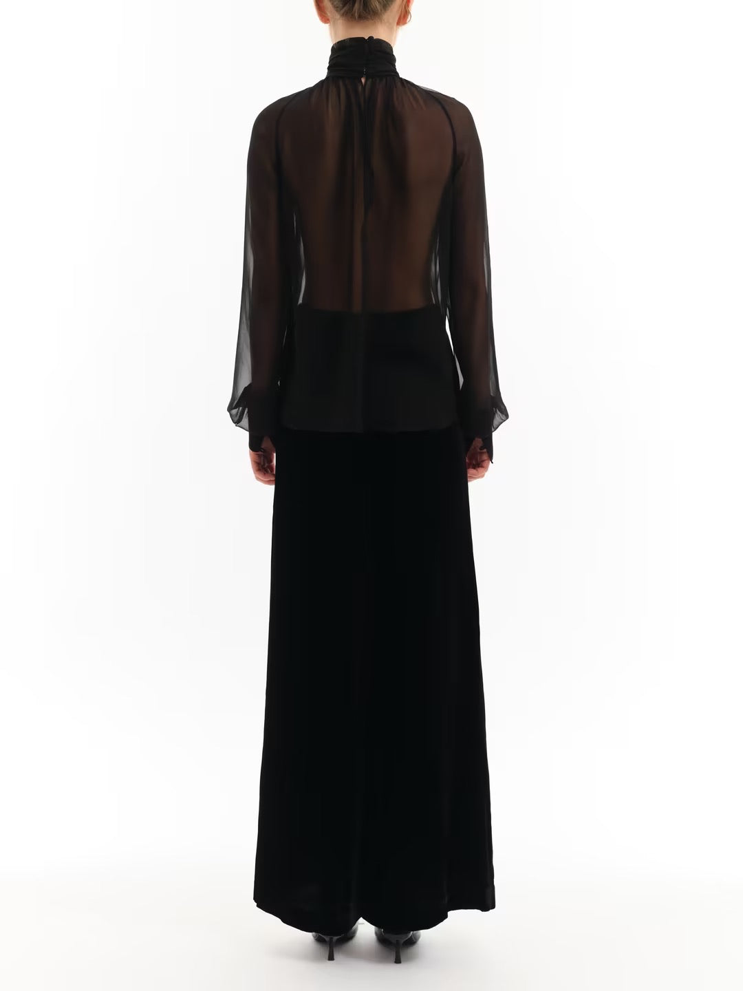 Sheer High-Neck Long Sleeve Blouse