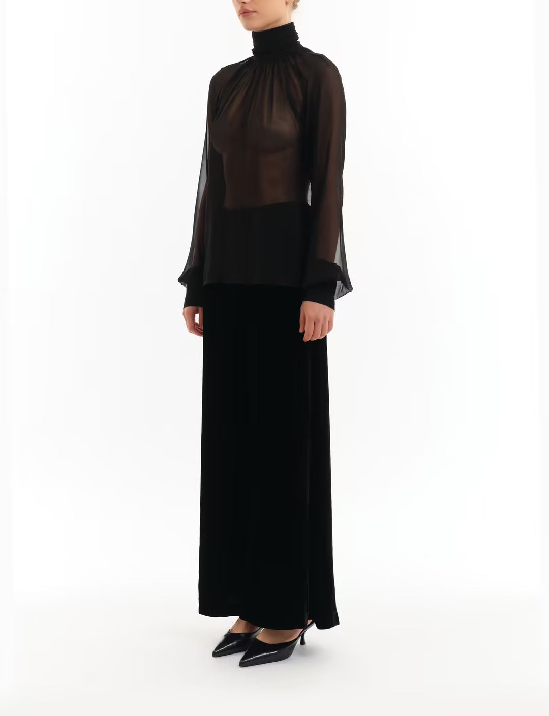 Sheer High-Neck Long Sleeve Blouse