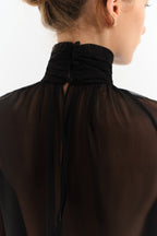 Sheer High-Neck Long Sleeve Blouse