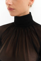 Sheer High-Neck Long Sleeve Blouse